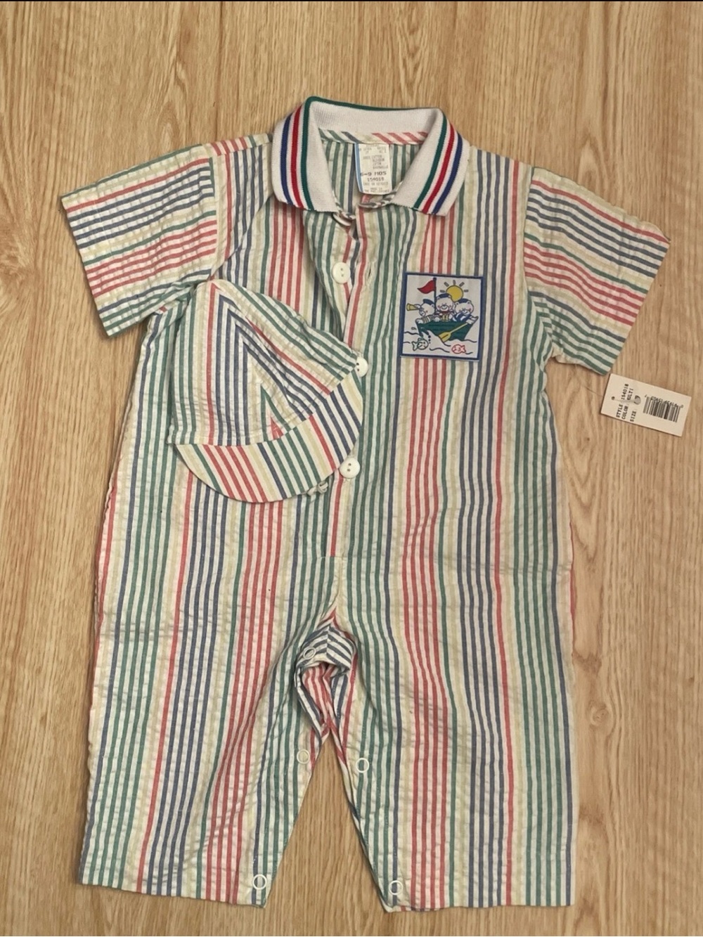 Pin Stripped Romper With Cap Vintage 80s/90s Short Sleeved Size 6/9 NWT Bears